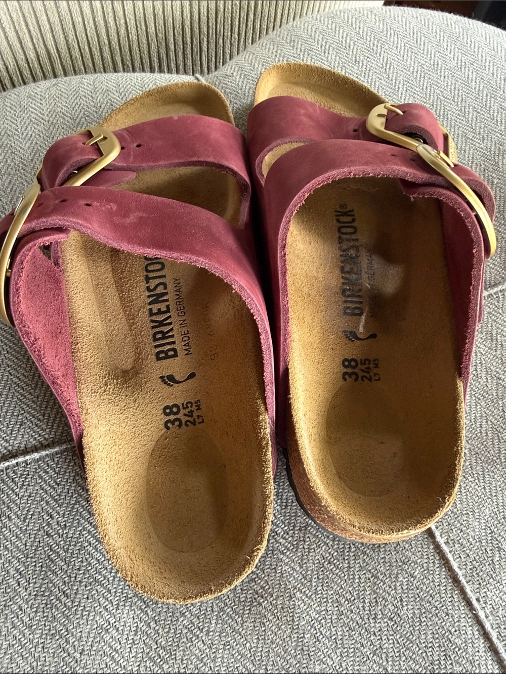 Birkenstock Arizona Two-Strap Sandals in Wine Suede with Brass Buckles - Picture 6 of 6